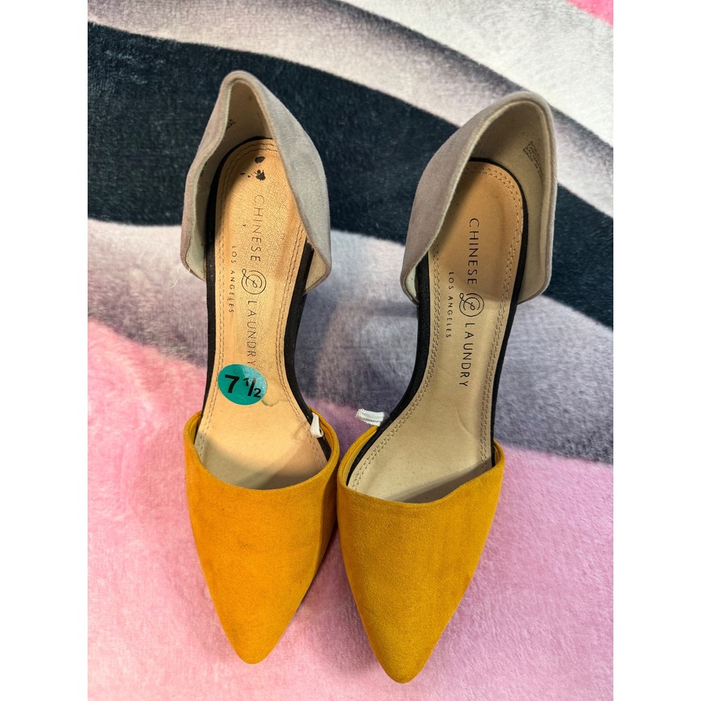 Chinese Laundry Womens Mustard Yellow Grey Black Colorblock‎ D'Orsay Pumps 7.5M